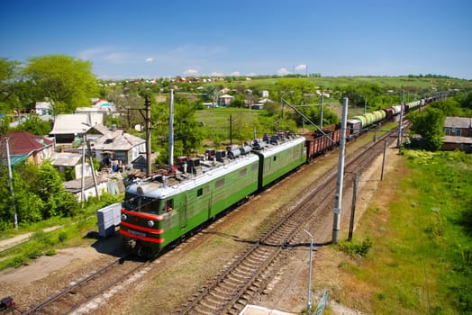 Novosibirsk, Russia - July 20, 2018: locomotive or engine is a rail transport vehicle that provides the motive power for a train.