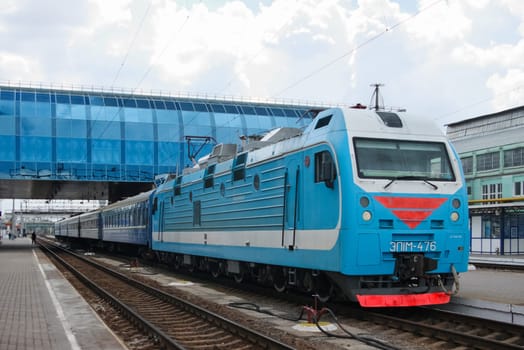 Novosibirsk, Russia - July 20, 2018: locomotive or engine is a rail transport vehicle that provides the motive power for a train.