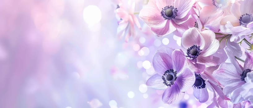 A tapestry of anemones in shades of purple and white, bathed in a dreamy pink light, this image captures the essence of floral harmony and springtime bliss. It conveys serene, yet vibrant atmosphere