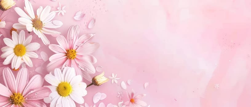 White daisies with sunny cores grace a blush pink canvas, their scattered arrangement creating a dance of shadows and light. This image is a celebration of delicate beauty and soft contrasts