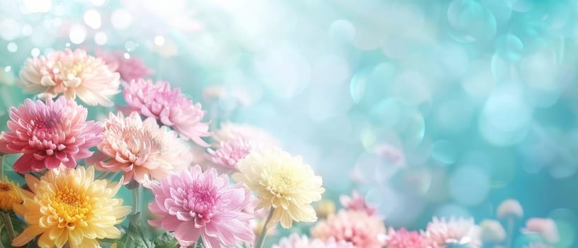 Pastel chrysanthemums bloom with soft focus bokeh lights in the background. The image is a dreamy blend of flora and light, perfect for a gentle mood