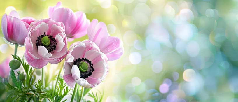 Pink anemones are spotlighted against a bokeh of light, their petals translucent and vibrant in the foreground. The image radiates with the freshness of a spring morning