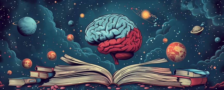 Book with human brain and solar system, education and science concept, learning new skills, have wisdom and knowledge, world book day