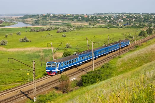 Novosibirsk, Russia - July 20, 2018: locomotive or engine is a rail transport vehicle that provides the motive power for a train.