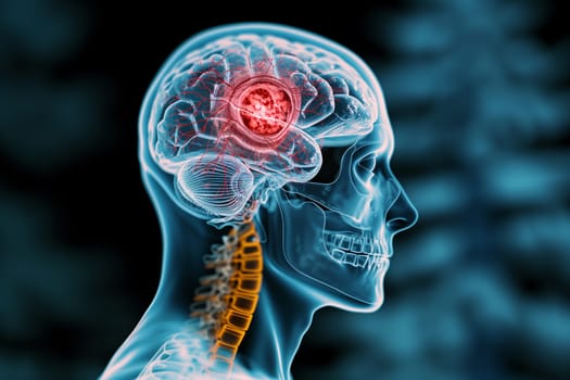 Human brain x-ray, epilepsy, tumor, migraine headache attack, psychological pressure and stress, mind with burnout or trauma