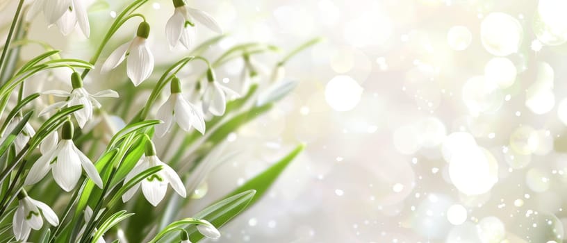 A symphony of snowdrop flowers bathed in a soft, glowing light, creating a harmonious blend of color and brightness, signaling spring's joyful arrival