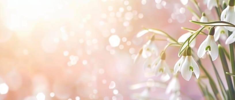 Snowdrops in a soft focus against a radiant pink backdrop, their subtle glow reflecting the tender light of early spring