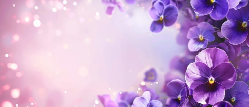 A dreamy bokeh effect illuminates a cluster of purple pansies, evoking a whimsical and enchanted garden scene