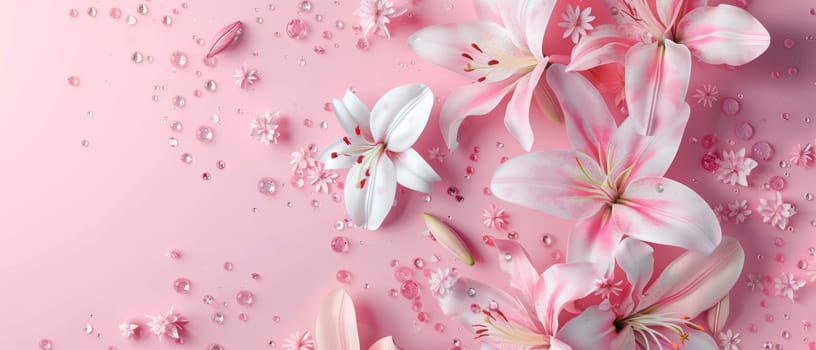 Dreamy lilies float on a pink backdrop sprinkled with glitter and floral motifs, creating a fantastical and whimsical ambiance. The composition merges the charm of flowers with the sparkle of imagination