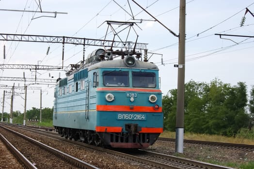 Novosibirsk, Russia - July 20, 2018: locomotive or engine is a rail transport vehicle that provides the motive power for a train.