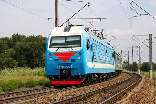 Novosibirsk, Russia - July 20, 2018: locomotive or engine is a rail transport vehicle that provides the motive power for a train.