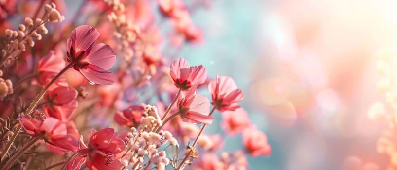 Soft pink petals unfold against a bokeh light backdrop, capturing the tranquil essence of dawn. These delicate flowers bask in the warm, golden hour light, evoking a sense of serene beauty