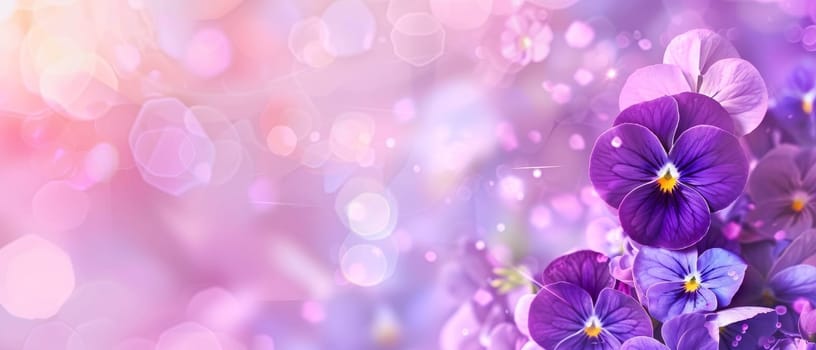 Harmonious purple violas are immersed in a bokeh light spectacle, creating an inviting, glowing composition. The delicate flowers are accentuated by the soft, luminescent background