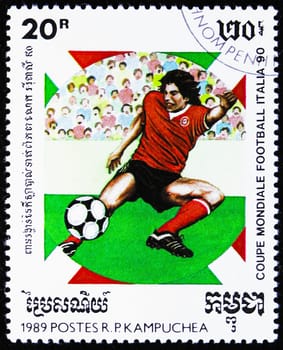 MOSCOW, RUSSIA - OCTOBER 29, 2022: Postage stamp printed in Cambodia shows FIFA World Cup 1990, Italy -1990 serie, circa 1989