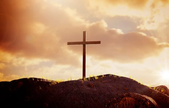 A big cross on a hill, resurrection of Jesus Christ, crucifixion, sun rising, mixed media