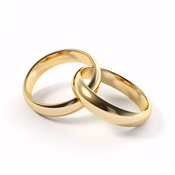 Shiny gold wedding rings isolated on white background, symbolizing love and commitment. Marriage ceremony jewelry concept. Pair of precious gold wedding bands. Eternal bond of marriage. Generative AI.