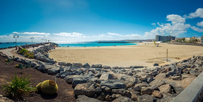 Puerto del Rosario, Spain, February 16th 2024: Panorama view on Playa de los Pozos o Playa Chica, Fuerteventura