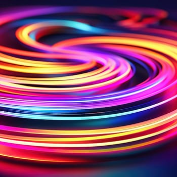 3d render. Abstract panoramic background of twisted dynamic neon lines glowing in the dark room with floor reflection. Virtual fluorescent ribbon loop.
