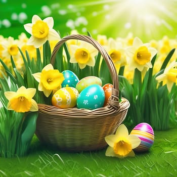 Easter basket with Easter eggs on a green meadow. Daffodils are blooming yellow. Easter generated with AI. Illustration