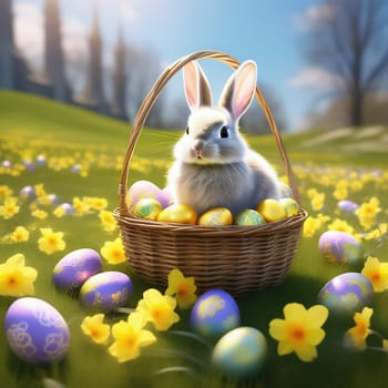 Easter bunny in an Easter basket with Easter eggs on a green meadow. Daffodils are blooming yellow. Easter generated with AI. Illustration