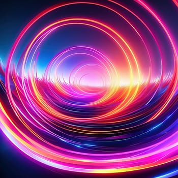 3d render. Abstract panoramic background of twisted dynamic neon lines glowing in the dark room with floor reflection. Virtual fluorescent ribbon loop.