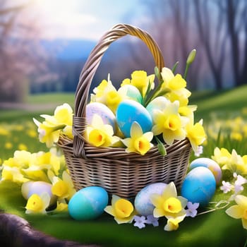 Easter basket with Easter eggs on a green meadow. Daffodils are blooming yellow. Easter generated with AI. Illustration