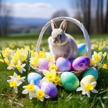 Easter bunny in an Easter basket with Easter eggs on a green meadow. Daffodils are blooming yellow. Easter generated with AI. Illustration