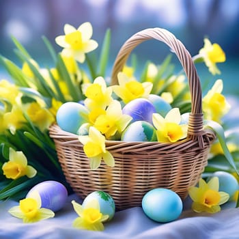 Easter basket with Easter eggs on a green meadow. Daffodils are blooming yellow. Easter generated with AI. Illustration