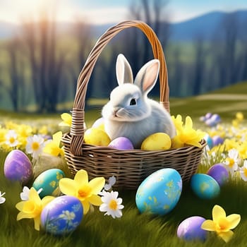Easter bunny in an Easter basket with Easter eggs on a green meadow. Daffodils are blooming yellow. Easter generated with AI. Illustration