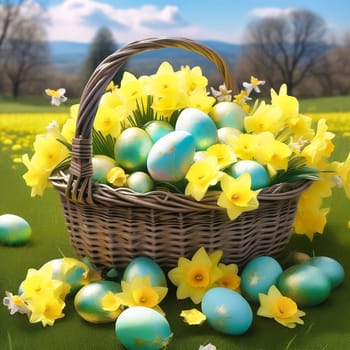 Easter basket with Easter eggs on a green meadow. Daffodils are blooming yellow. Easter generated with AI. Illustration