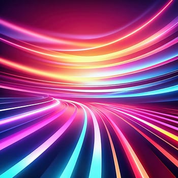 3d render. Abstract panoramic background of twisted dynamic neon lines, in wave form, glows in the dark space. Virtual fluorescent ribbon loop.