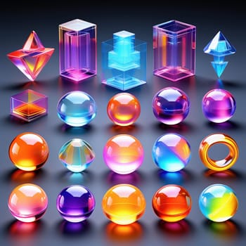 3d render. Neon glowing glass shapes on a virtual dark background. Futuristic graphic rendering. Luminous elements