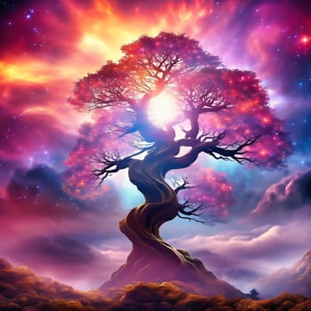 Fantasy tree in front of a starry sky with colorful clouds in the universe. AI generated image. Bright colors with old tree on a hill.