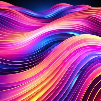 3d render. Abstract panoramic background of twisted dynamic neon lines, in wave form, glows in the dark space. Virtual fluorescent ribbon loop.