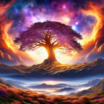 Fantasy tree in front of a starry sky with colorful clouds in the universe. AI generated image. Bright colors with old tree on a hill.