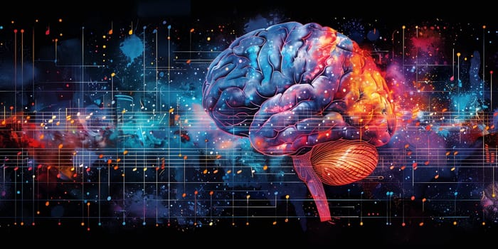 Human brain with vibrant colored waves and music notes, self care and mental health concept, positive thinking, creative mind