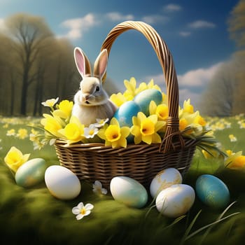 Easter bunny in an Easter basket with Easter eggs on a green meadow. Daffodils are blooming yellow. Easter generated with AI. Illustration