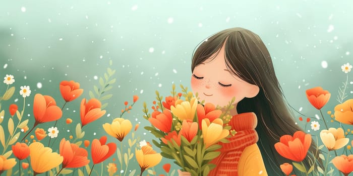 Girl with bunch of tulip flowers on a meadow, mothers day, birthday and friendship concept, connect to nature