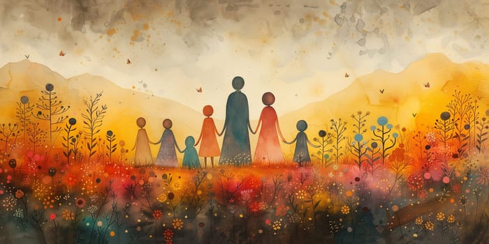 Family life, mother, father and children on a meadow with flowers, social support, mental health and lifestyle concept, parent day