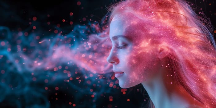 Consciousness of mind, woman with pink colored spiritual waves, positive thinking, self identidy and imagination, cosmic galaxy