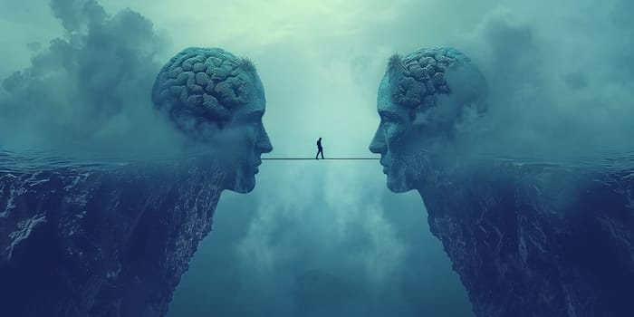 Psychology and mental health stability, state of mind, emotional intelligence, man balance on a thin rope, decision and opportunity, think different, divided personality