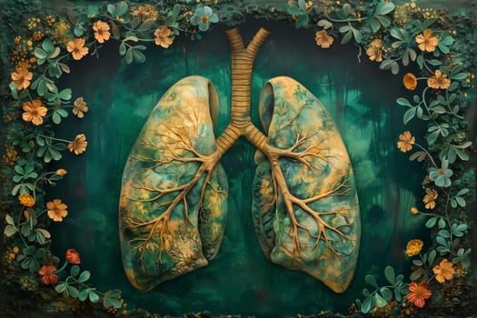 Lung organ with flowers for fresh healthy breathing air, environment concept, connect to nature, lifestyle and ecology