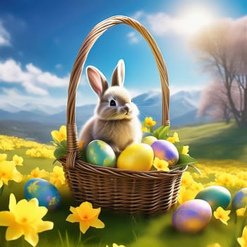 Easter bunny in an Easter basket with Easter eggs on a green meadow. Daffodils are blooming yellow. Easter generated with AI. Illustration