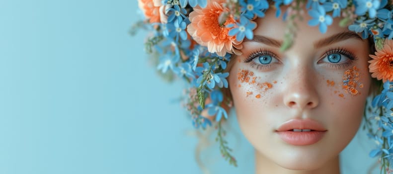 Human mind with flowers, positive thinking, creative brain, self care and mental health concept, woman with spring blossoms