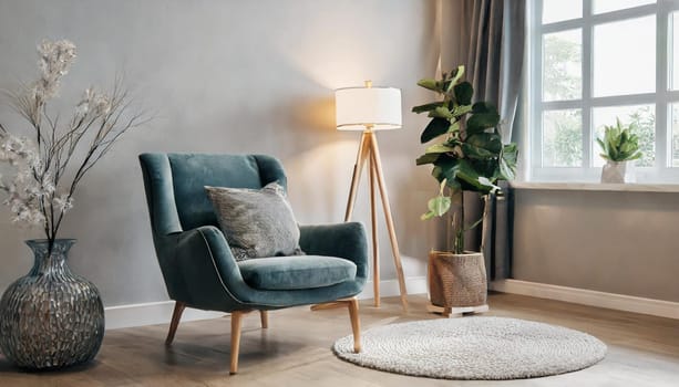 Modern interior japandi style design livingroom. Lighting and sunny scandinavian apartment