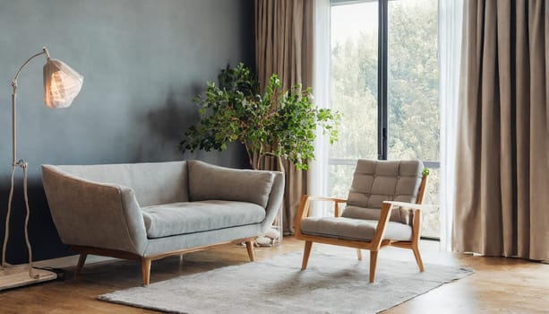 Modern interior japandi style design livingroom. Lighting and sunny scandinavian apartment