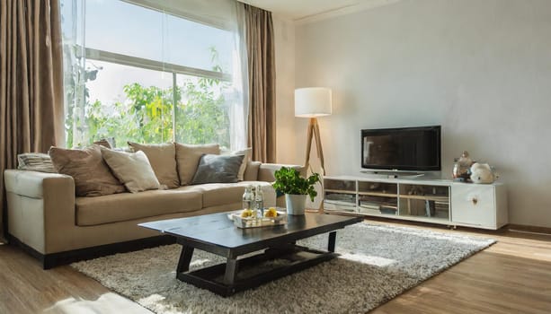 Modern interior japandi style design livingroom. Lighting and sunny scandinavian apartment
