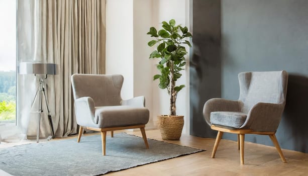 Modern interior japandi style design livingroom. Lighting and sunny scandinavian apartment