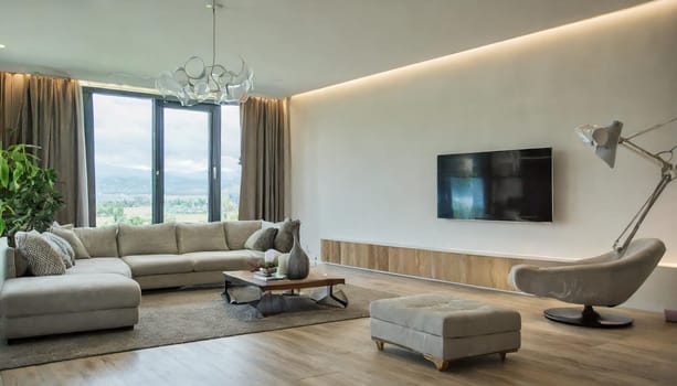 Modern interior japandi style design livingroom. Lighting and sunny scandinavian apartment