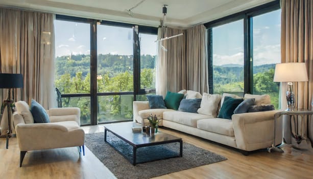Modern interior japandi style design livingroom. Lighting and sunny scandinavian apartment